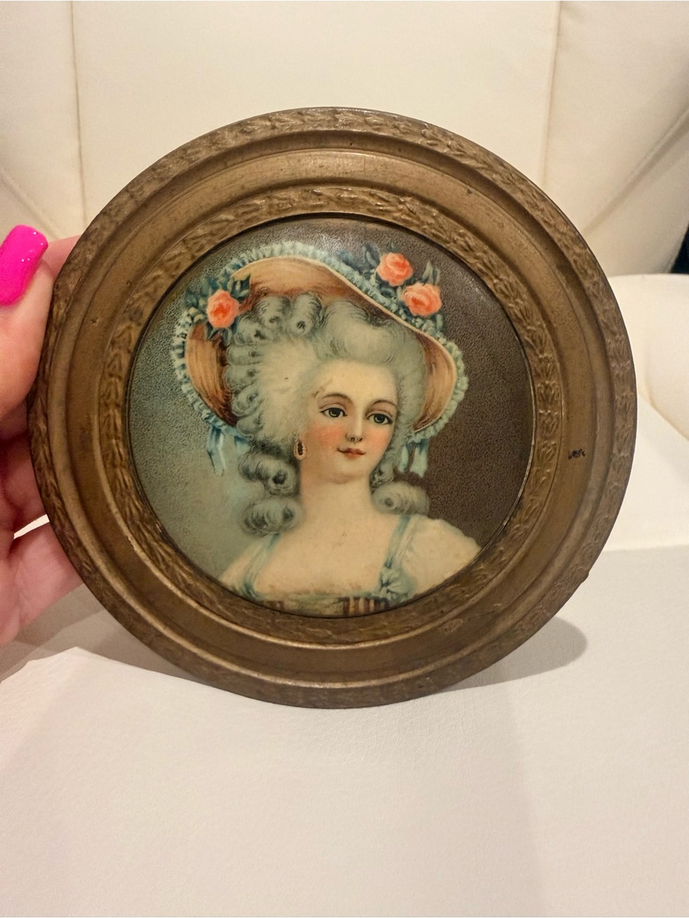 Vintage Trinket Box with Mirror Women Hair Portrait - Pink Accent. Gorgeous